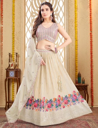 Beige printed silk lehenga choli for women