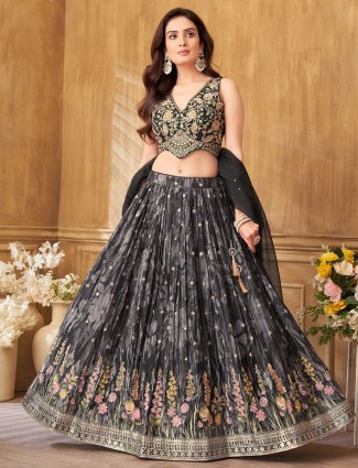 Black silk lehenga choli featuring printed patterns