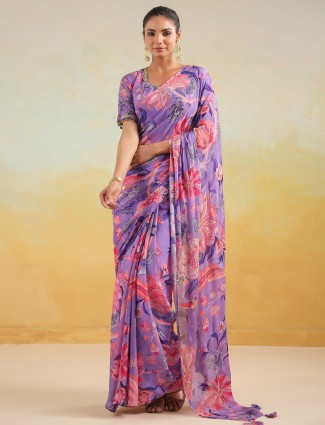 Purple satin silk printed festive saree
