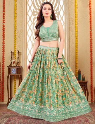 Green printed silk lehenga choli wedding