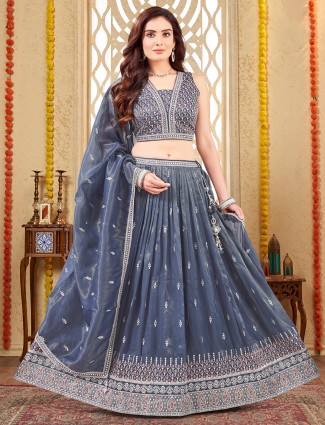 Grey resham worked silk lehenga choli for reception