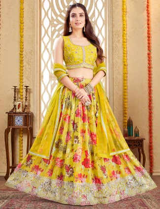 Mehendi yellow silk lehenga choli with print for women