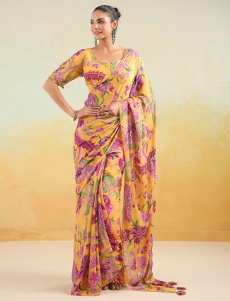 Mustard yellow printed saree in satin silk