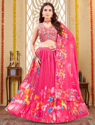 Pink printed silk lehenga choli for wedding