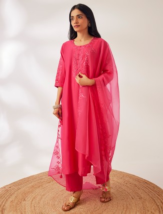 Rani color silk kurti set with dupatta