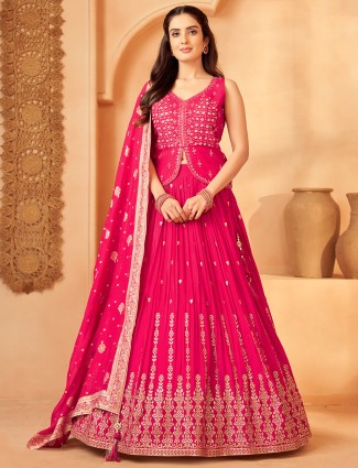 Rani pink silk lehenga choli adorned with sequins work