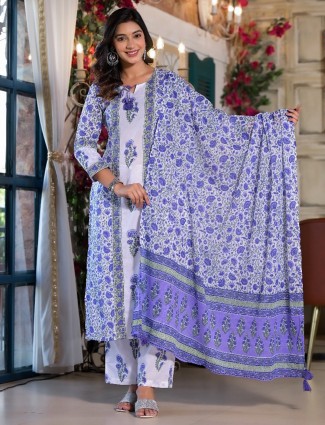White and blue printed silk kurti set for women
