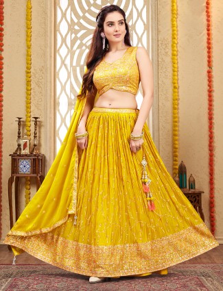 Yellow silk haldi wear lehenga choli for reception