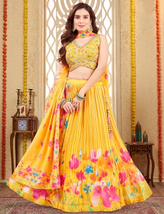 Yellow printed silk lehenga choli for reception