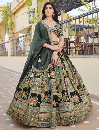 Black silk printed lehenga choli for women