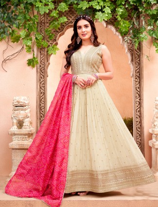 Beige elegant silk anarkali suit for women