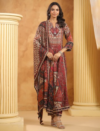 Printed brown cotton silk kurti set