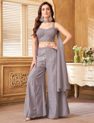 Grey elegant silk palazzo suit for women