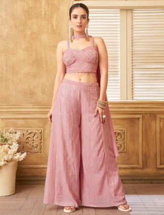 Peach wonderful festive wear silk palazzo suit for women