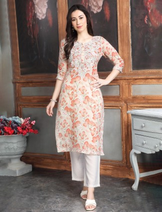 Peach cotton silk kurti set for women