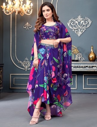 Purple elegant silk designer suit with print for women