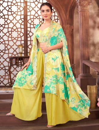 Yellow elegant palazzo suit in printed silk for women