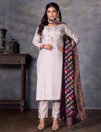 Light grey stunning silk salwar suit with zari worked dupatta for women