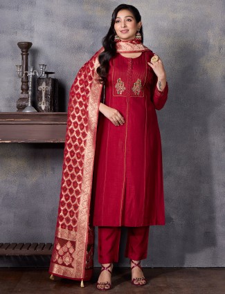 Maroon wonderful silk salwar suit with zari worked dupatta