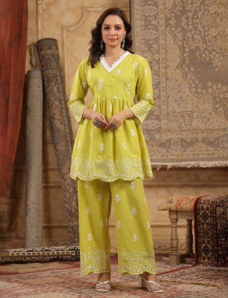 Gorgeous mehendi yellow cotton silk kurti set for women