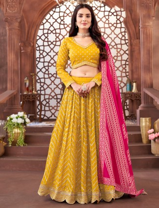Stunning georgette mustrad yellow lehenga choli