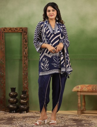 Navy elegant kurti set in cotton silk with print