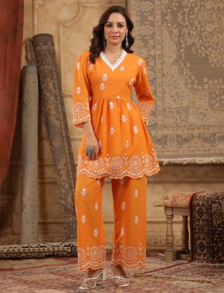 Stunning orange cotton silk kurti set for women
