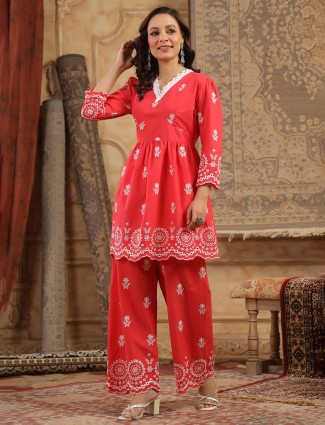 Red stunning cotton silk kurti set for women