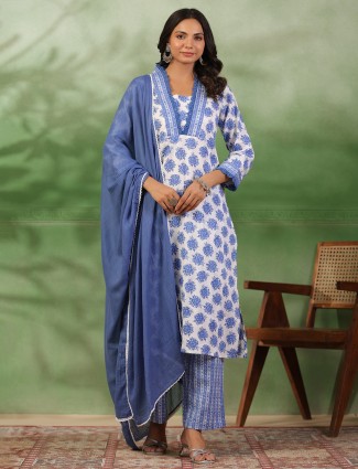 white and blue elegant cotton kurti set