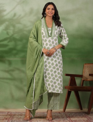 White and pista stunning printed cotton kurti set for women
