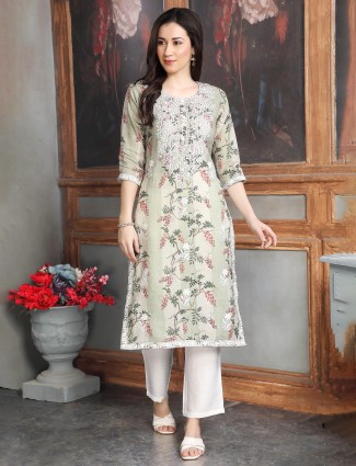 Pista green cotton silk kurti set for women