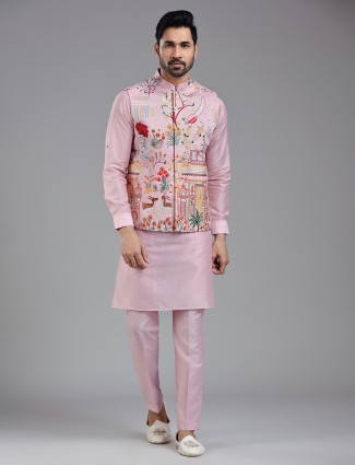 Impressive pink satin silk waistcoat set in colorful embroidery
