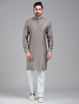 Stunning taupe grey festival ready kurta pajama for men with mendarin collar