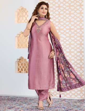 Onion pink silk staright cut wedding wear salwar suit