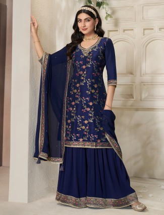 Dark blue silk palazzo suit with zari work