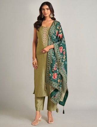 Super stylish olive silk salwar suit with dupatta