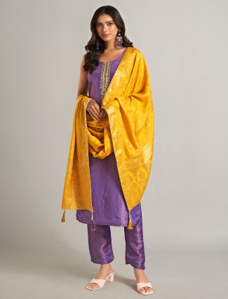 Stylish purple silk salwar suit for festive