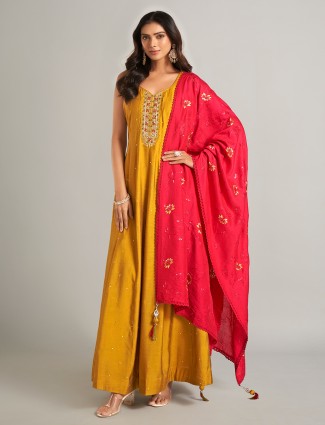 Stunning mustard yellow silk anarkali salwar suit