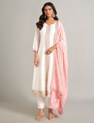 Dazzling white silk salwar suit with dupatta
