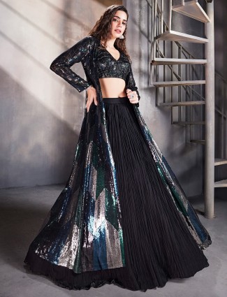 Stunning black georgette jacket style lehenga choli for reception
