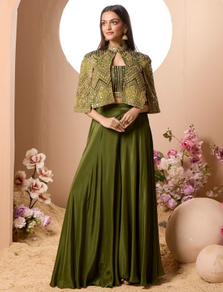Women's dark green silk palazzo suit with a crop top style