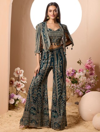 Womens dark green jacket style palazzo suit