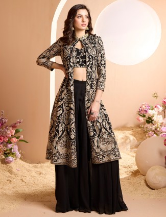 Womens designer black cotton silk palzzo suit