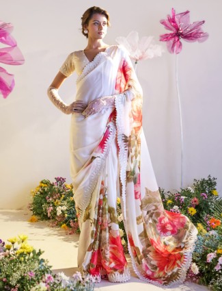 Stunning white satin silk saree
