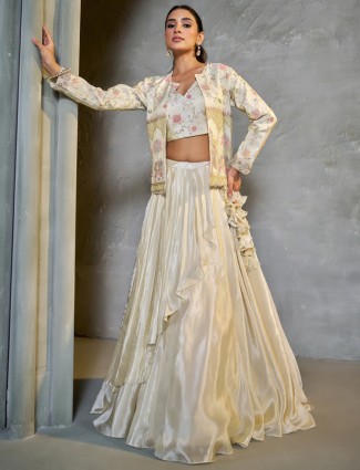 Trendy off-white satin lehenga choli