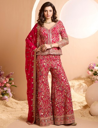 Reception wear red georgette palazzo suit foe women