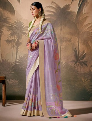 Graceful purple cozi silk saree with artistic prints and thread embroidery
