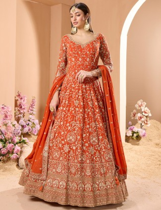 Orange georgette anarkali suit for a weddings