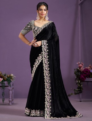 Attractive black satin silk saree