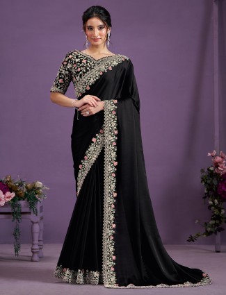 Trendy black satin silk saree